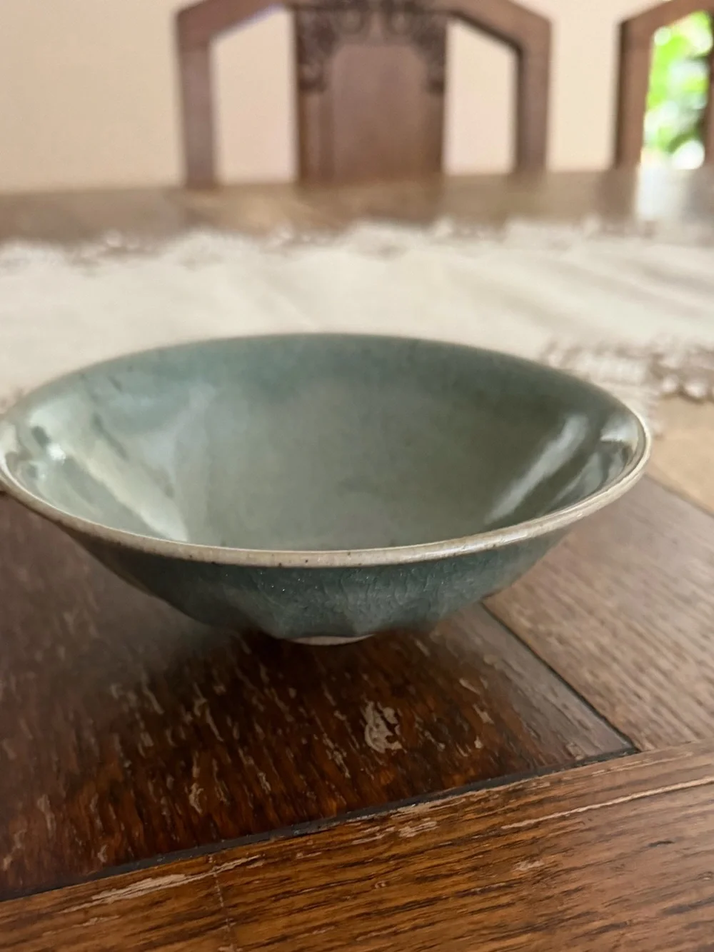 Signed vintage Celadon Green Crackle Glaze Lotus Chawan bowl